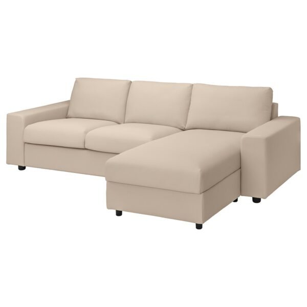 3 Seat Sofa with Chaise Longue Wide Armrests Beige